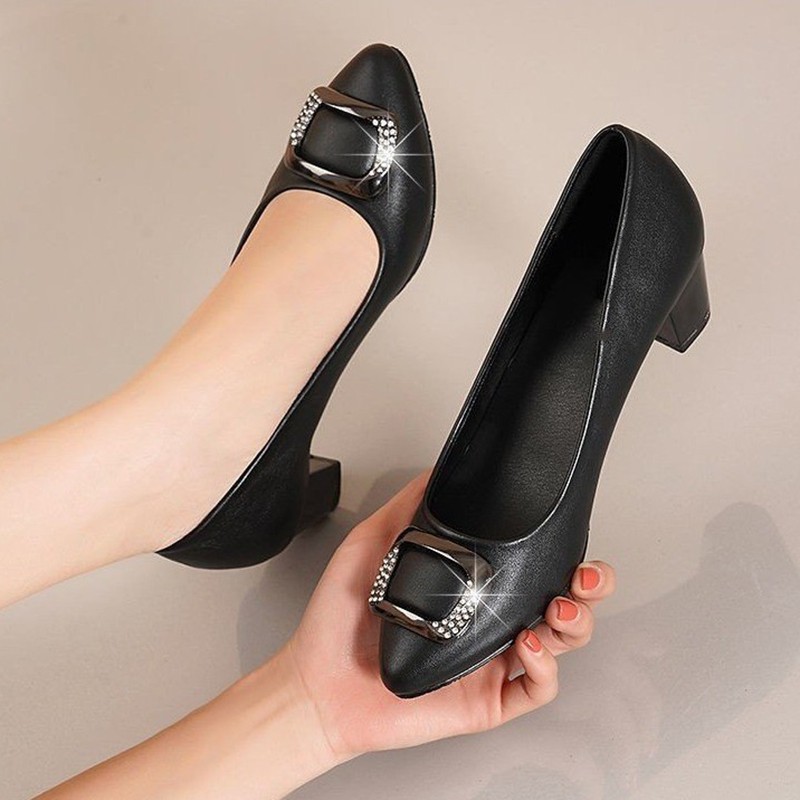 Rimocy Crystal Buckle Soft PU Leather Women Pumps 2021 Comfortable Square Med Heels Office Work Shoes Casual Woman Single Shoes