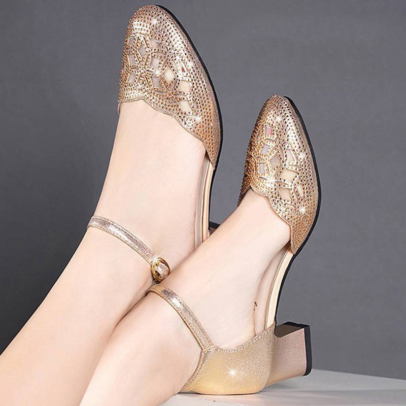 Lucifer Women's 2022 Crystal Studded Chunky Heels Ankle Strap Women High Heels Shoes Women Hollow Out Round Heel Shoes