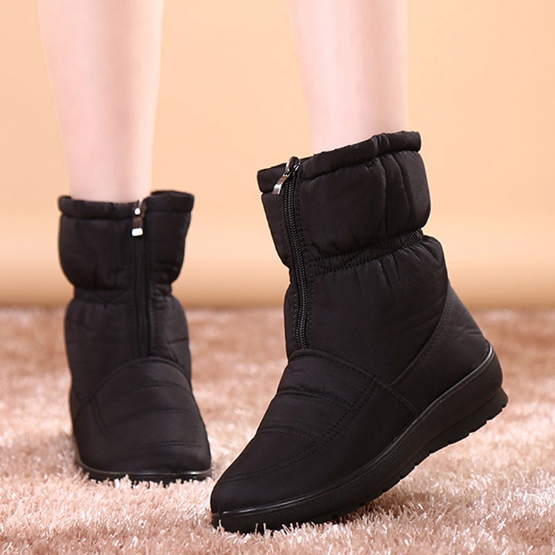 Snow boots for women winter warm plush ankle boots front zipper non-slip cotton-padded female solid color boots