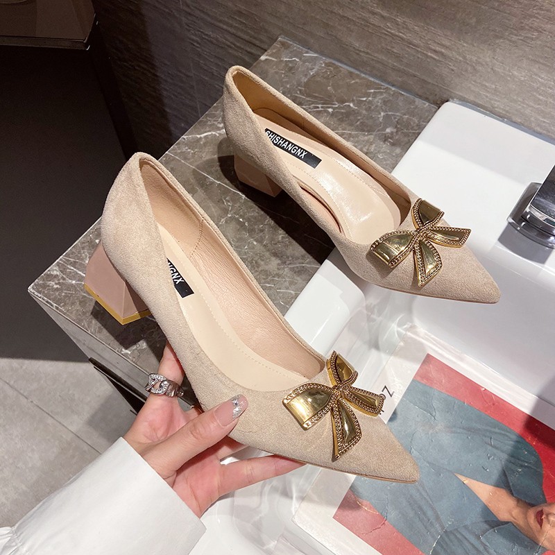 Rimocy Fashion Gold Bowknot Women Pumps Pointed Toe Thick Heels Office Shoes Woman 2022 Spring Comfortable Shallow Ladies Pumps