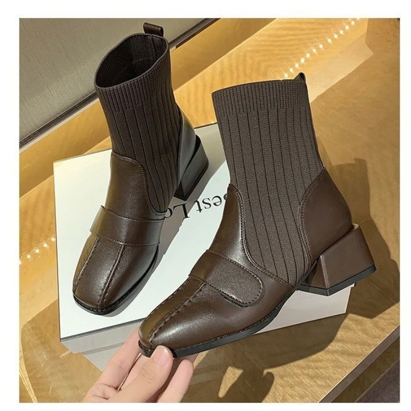 Chunky heels women's shoes 2021 autumn short boot women's med heel socks ultralight shoes British fashion short comfortable boot