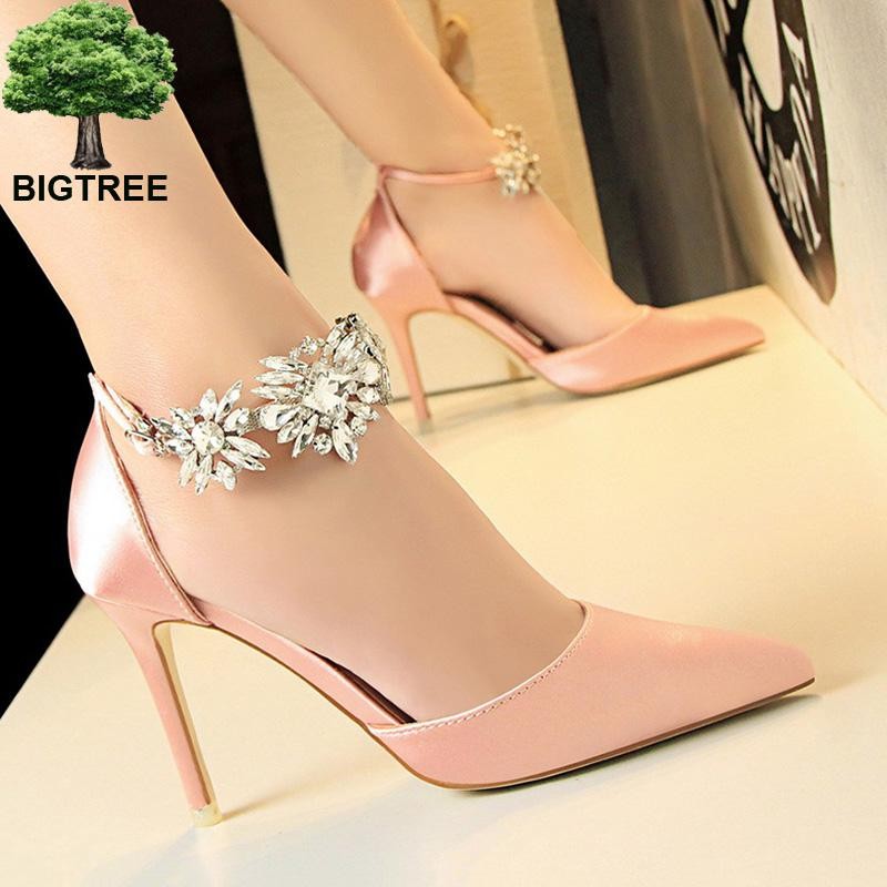 BIGTREE Shoes Women Rhinestone High Heels Woman Pumps Stiletto Silk Satin Women Heels Shoes Ladies Wedding Shoes Women Sandals