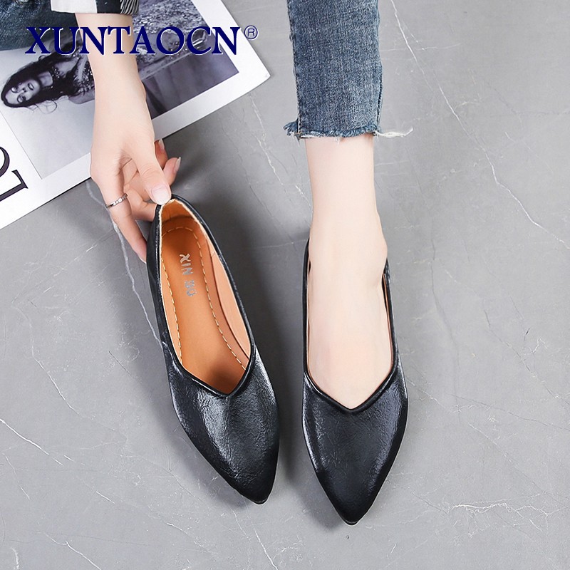 Spring Women Flats Black Pointed Toe Ballet Flats Shallow Boat Shoes Woman Flock Casual Shoes Female Loafers Apricot Pink