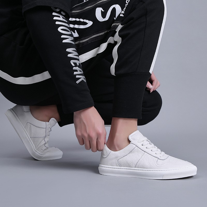 Genuine Leather Men's Sneakers Casual Canvas Shoes Breathable Ventilation Footwear Fashion Male Sneaker Black and White