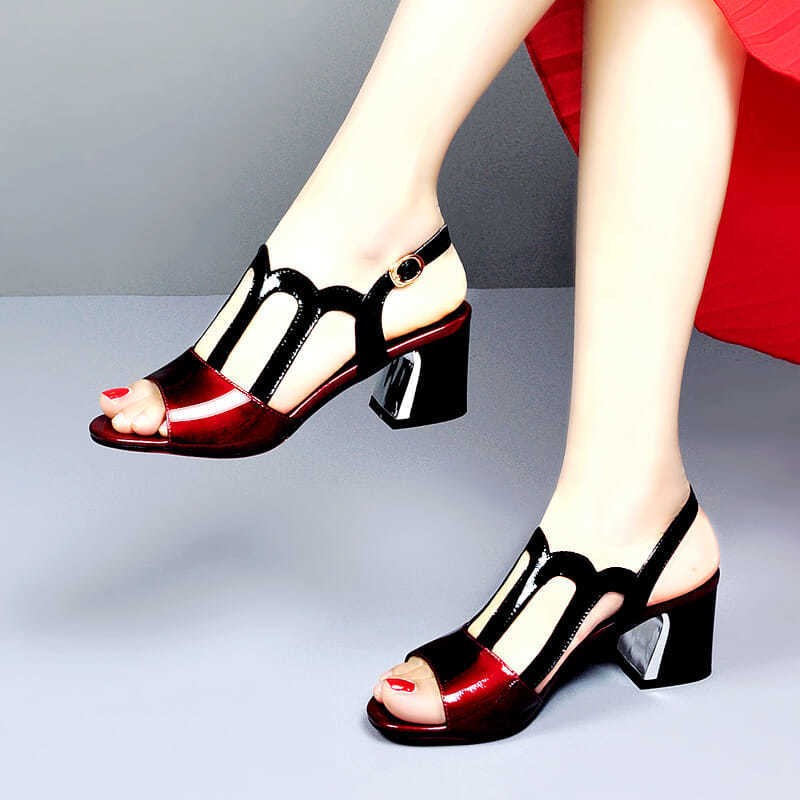 Soft leather sandals comfortable women's shoes ins chunky mid heel women summer new all-match peep toe woman sandal