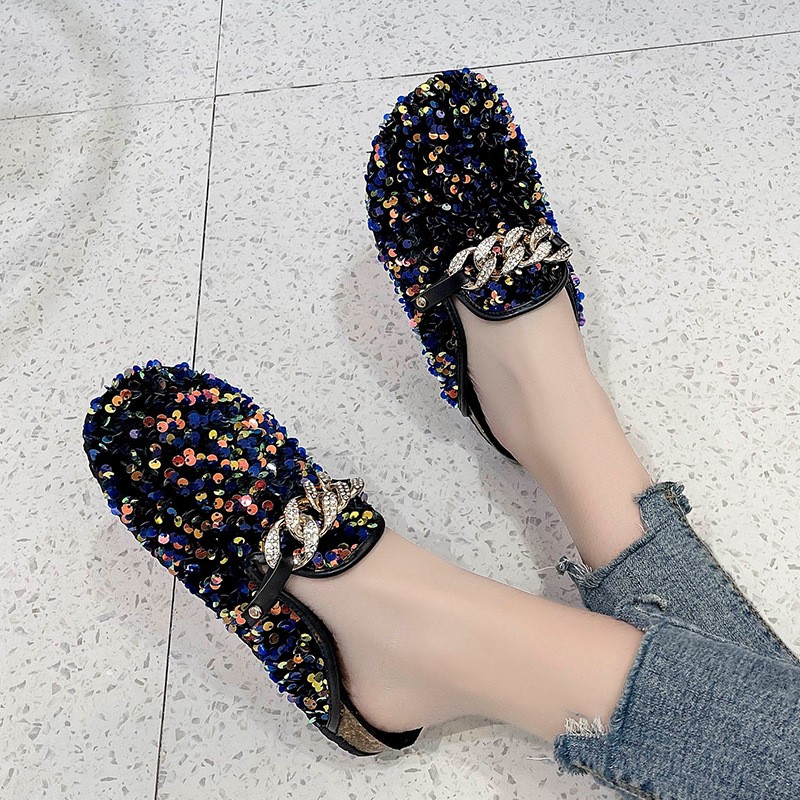 Fashion shoes women sequins metal chain slippers outdoor platform golden sandals 2022 new casual slip on lazy 43 size women shoes