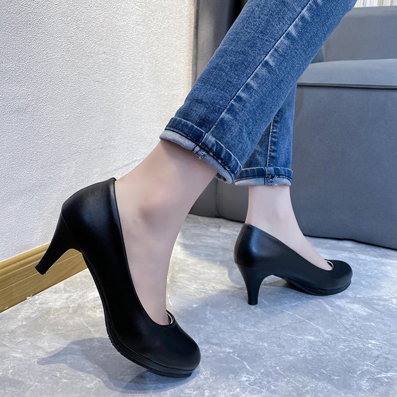 Rimocy Women Classic Office High Heels Pumps Black PU Leather Soft Ladies Work Shoes Spring Autumn Casual Single Shoes Woman