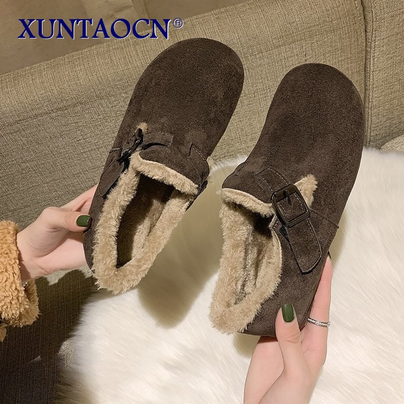 2022 New Solid Color Short Boots Buckle Strap Women Shoes Furry Plush Slip-on Flat Footwear Winter Warm Booties Female Snow Boot