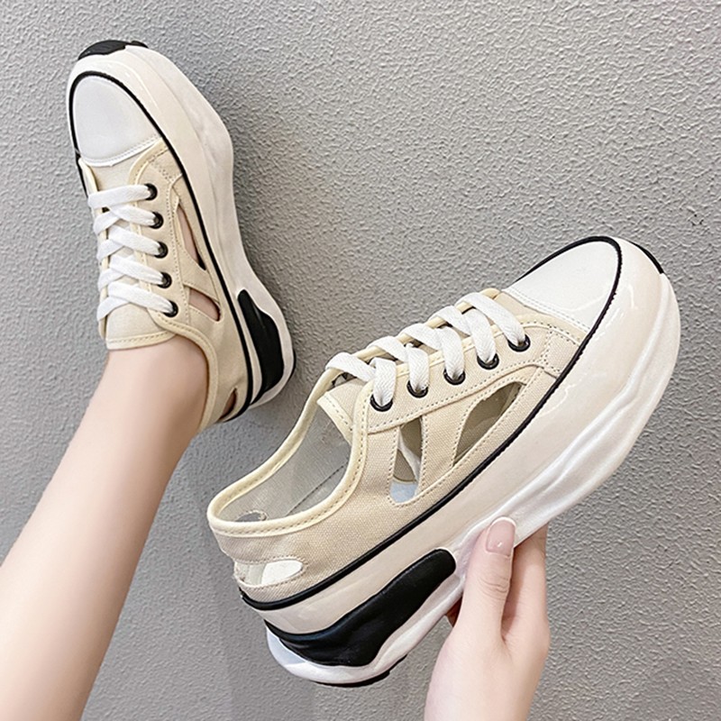 Lucifer Hollow Out Canvas Sneakers Women 2021 Fashion Lace Up Thick Bottom Vulcanize Shoes Woman Non-slip Platform Sandals Lady