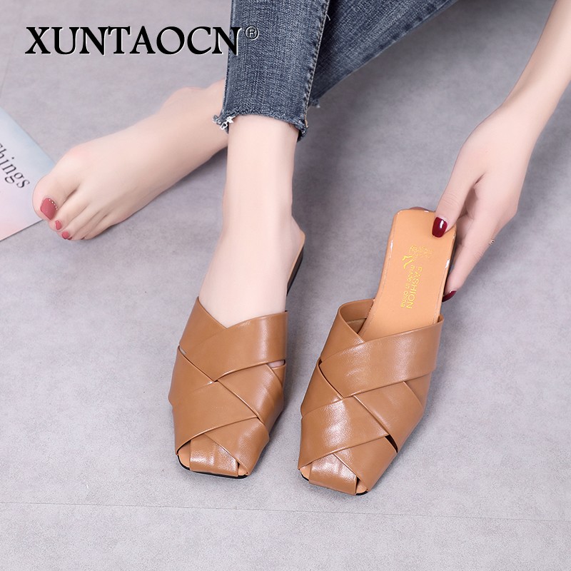 Flat Slides Mules Shoes Woman Summer Ladies Elegant Shoes Half Slippers Women's Shoes Lazy Zapatos Mujer