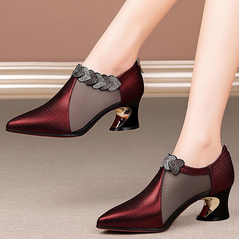 Lucifer Women Crystal Thick Heel Ankle Boots Breathable Mesh Pointed Toe Party Pumps Elegant Woman Back Zipper Ladies Shoes