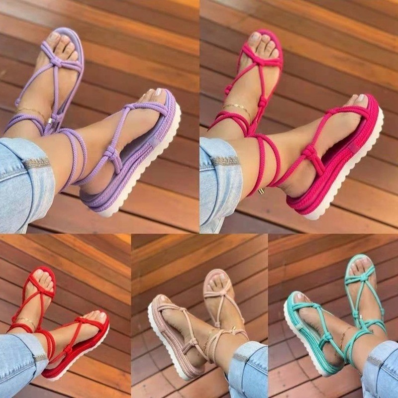 Summer new women's sandals thick-soled sponge cake hemp rope woven sandals ladies large size round toe female beach sandals