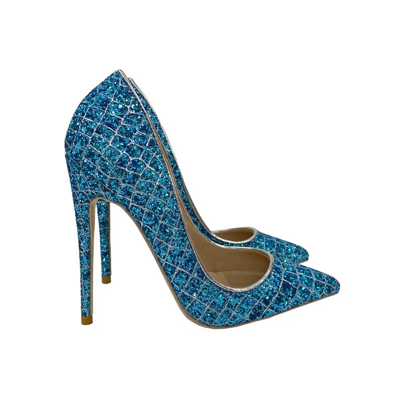 Spring new blue sequins pointed toe stiletto high heels work shoes party dress all-match large size fashion women's shoes