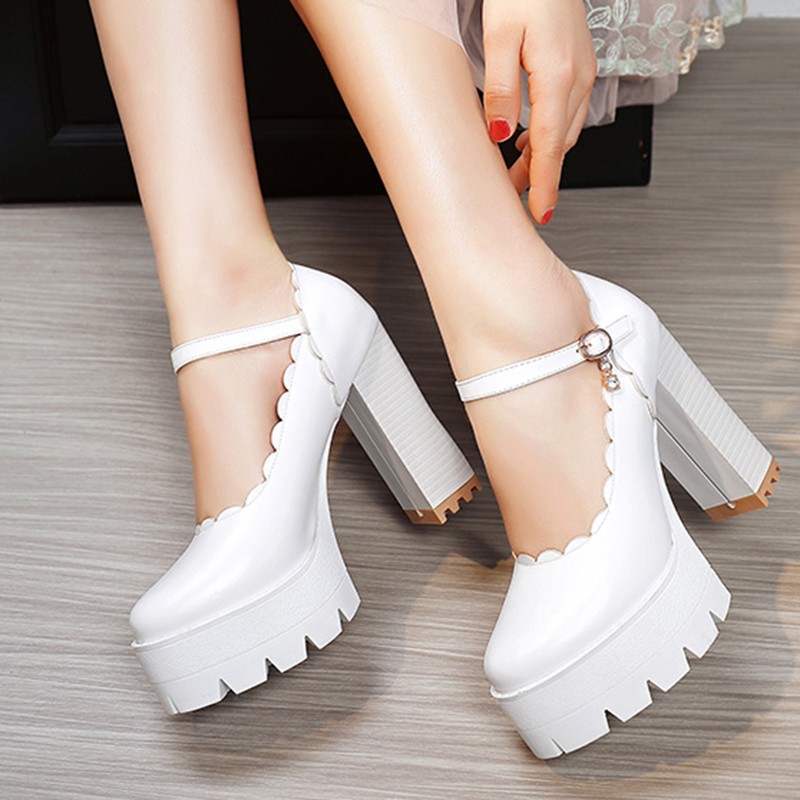 Lucifer 2021 Autumn Women Ankle Strap Thicken High Heels Shoes Woman Black White Wedge Mary Jane Shoes Women 43