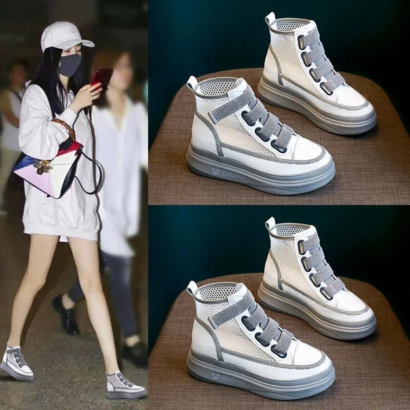 Increasing white shoes new summer women's breathable thick-soled mesh all-match casual sports high-heeled sports shoes