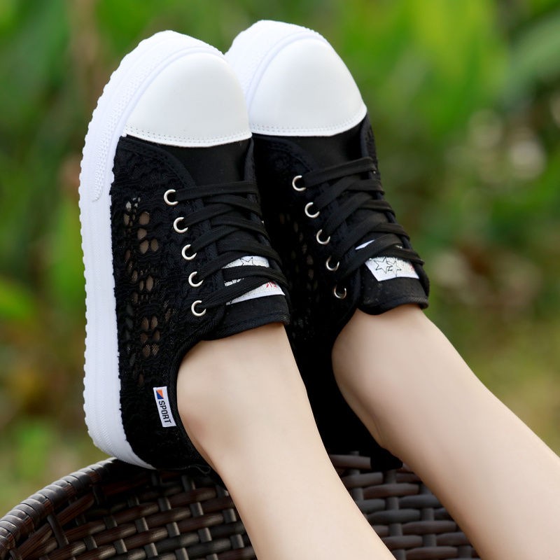 2022 spring and summer new thick-soled canvas shoes women's breathable mesh hollow boots all-match mesh shoes women