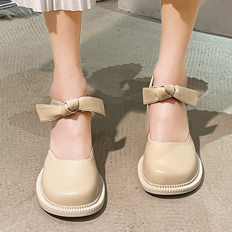 Lucyever 2022 Spring Women's Ankle Strap Pumps Fashion Thick Heels Mary Jane Shoes Woman Black Beige Pu Leather Shoes Female