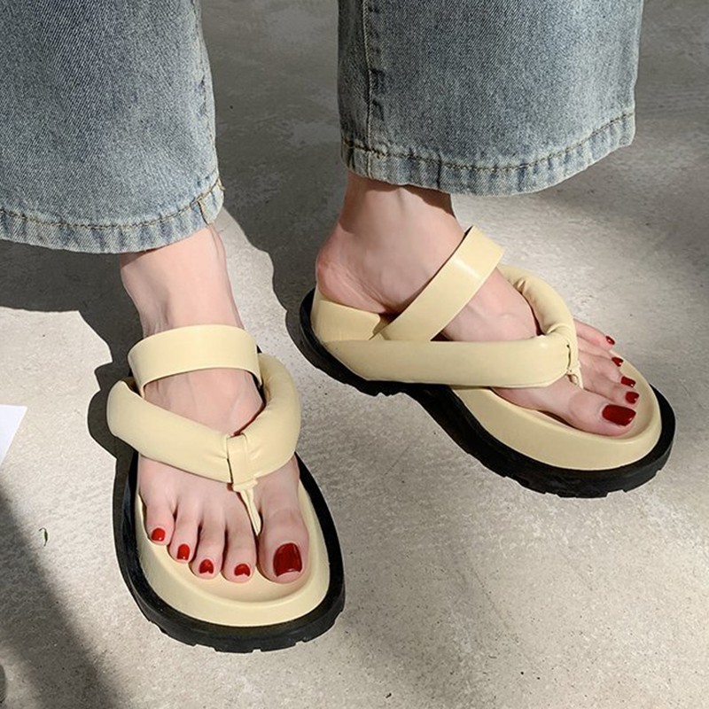 Rimocy Women's Platform Chunky Flip Flops Thick Quilt Summer 2022 PU Leather Flip Flops Woman Clip Toe Mid Heel Sandals Slides