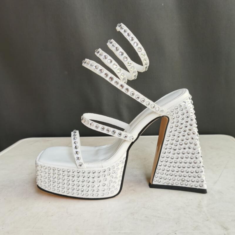 2022 New Women's Shiny Rhinestone Wedding Shoes Summer Party Roman Sandals Thick High Heel Platform Black White Red Big Size 43