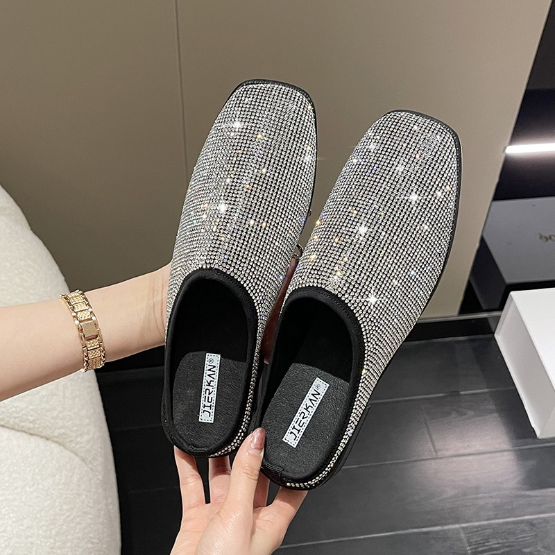 rhinestone pumps bling square toe black mules new casual slippers stirrup women shoes fashion half drag lazy loafers women heels