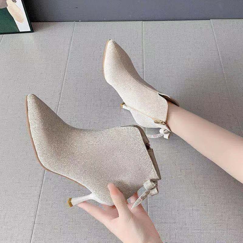 ZUZI Pointed stiletto bow high heels 2021 autumn and winter new martin boots female side zipper rhinestone short boots women