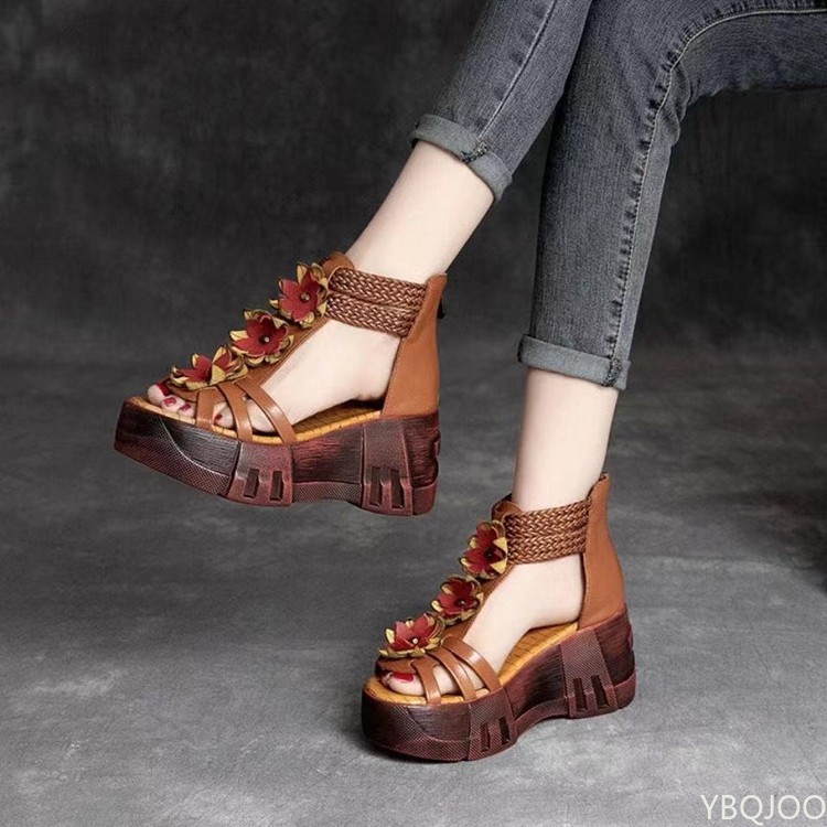 Women Sandals Retro 2022 New Real PU Leather Women Sandals Summer Platform Flat Shoes Sandal Women Leather Gladiator Sandals