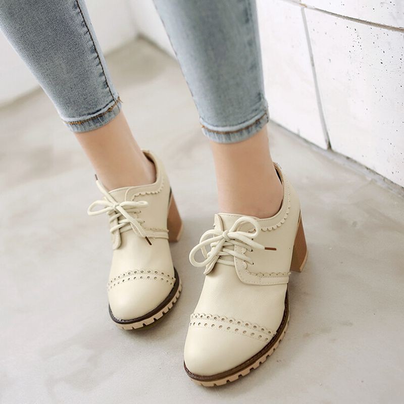 REAVE CAT Women Pumps Brogue Oxfords Round Toe Block Heels Lace-up Retro Big Size 34-43 Solid White Black Spring Casual S3620