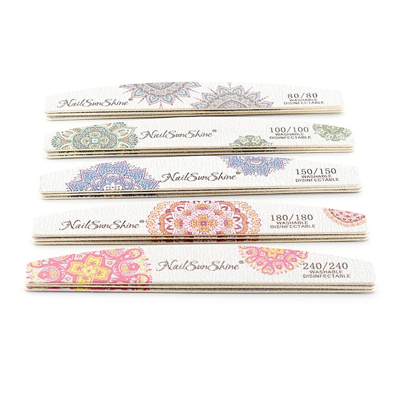 10pcs Print Flower Nail Files Gray Sandpaper Wooden Manicure File 80 100 150 180 240 Grit Professional Boat Sanding Nails Tools