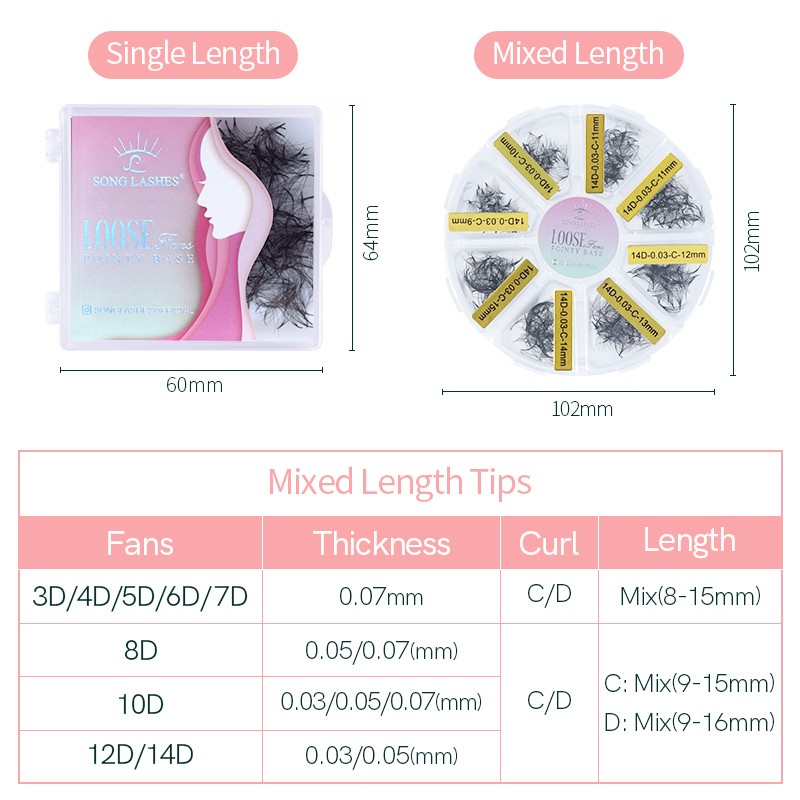 New Sung Lashes 3D4D5D16D14D Tapered Base Premade Fans Eyelash Extension Loose Fans Medium Stem Sharp Thin Tapered Base Lashes