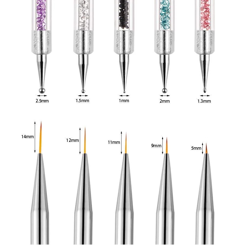 Nail Art Pen 2 in 1 Double Ends Dotting Drawing Painting Carving Dotting Pen Flat Fan Liner Acrylic Gel Brush Set