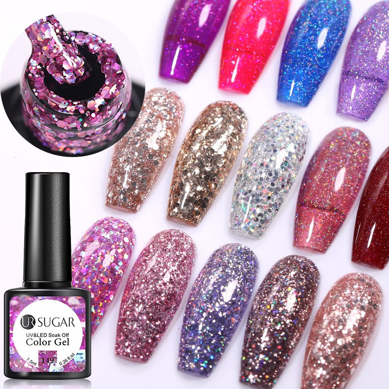 UR SUGAR 7.5ml Glitter UV Gel Polish Bling Sequins Rose Gold Silver Soak Off Manicure Nail UV Gel Polish Lacquer Base