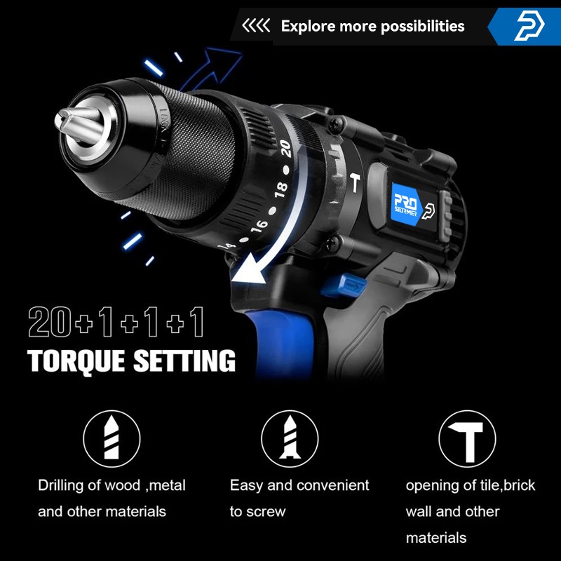 60NM Brushless Electric Hammer Drill Machine 20V Cordless Impact Screwdriver 13mm Steel Wood Construction Power Bare Tools PROSTORMER