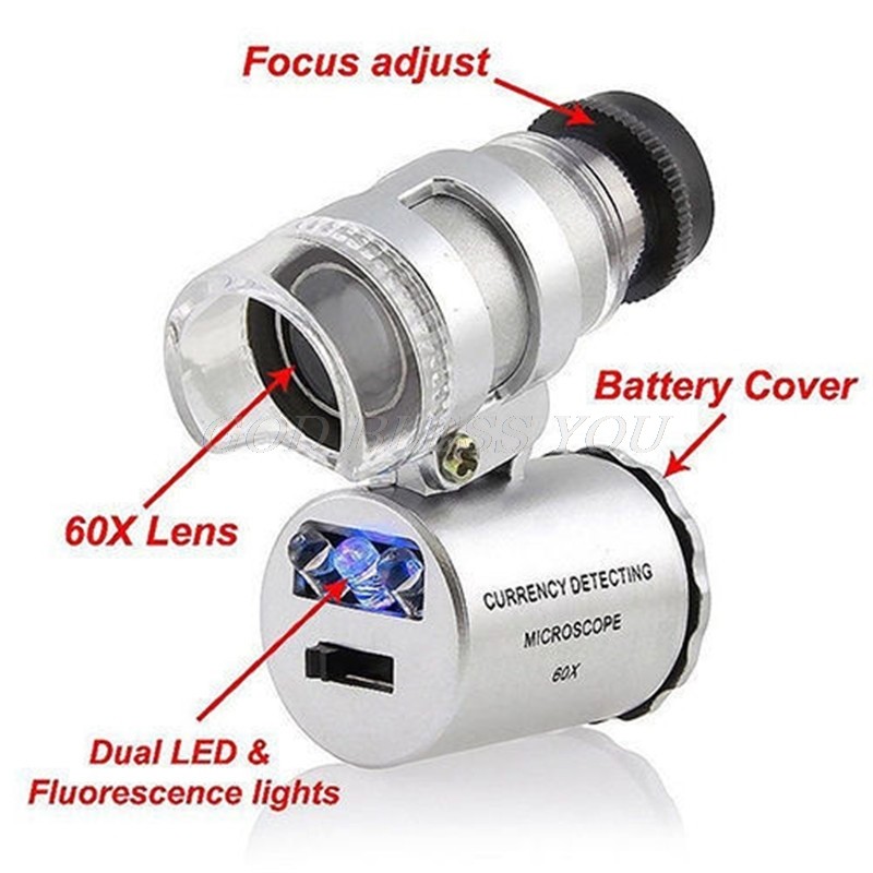 Mini UV Pocket Microscope Glass Jewelry Magnifying Glass 60x LED Drop Shipping