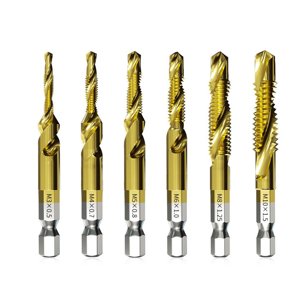 1-6pcs M3 M4 M5 M6 M8 M10 Tap Drill Bits 1/4 Hex Shank Machine Hand Taps Titanium Coated HSS Drill Tap Bits Threaded Screw Tools