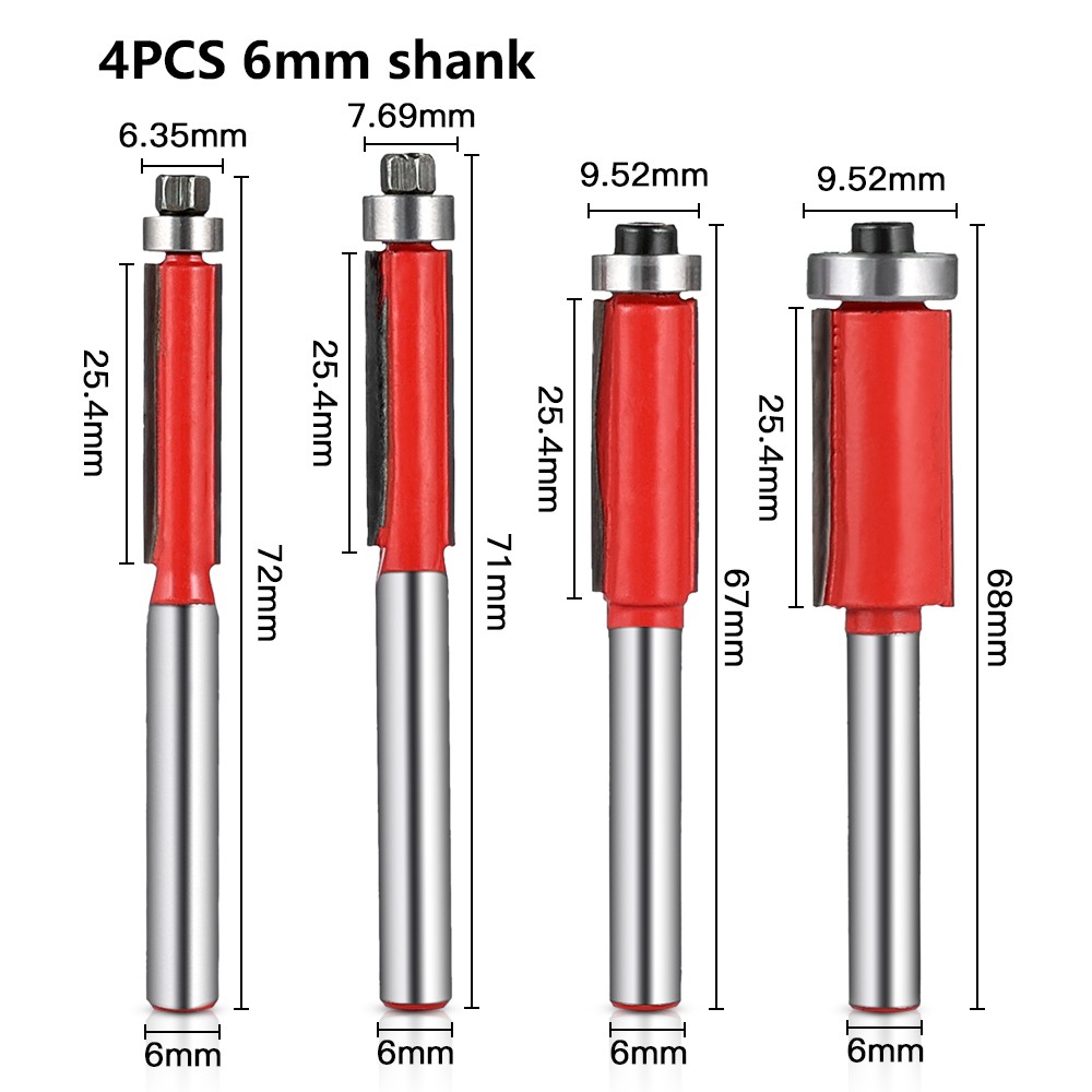 4pcs 6mm Shank 1/2" Flush Trimming Router Bit with Bearing for Wood Tungsten Carbide Milling Wood Cutting Machine Woodworking Tools