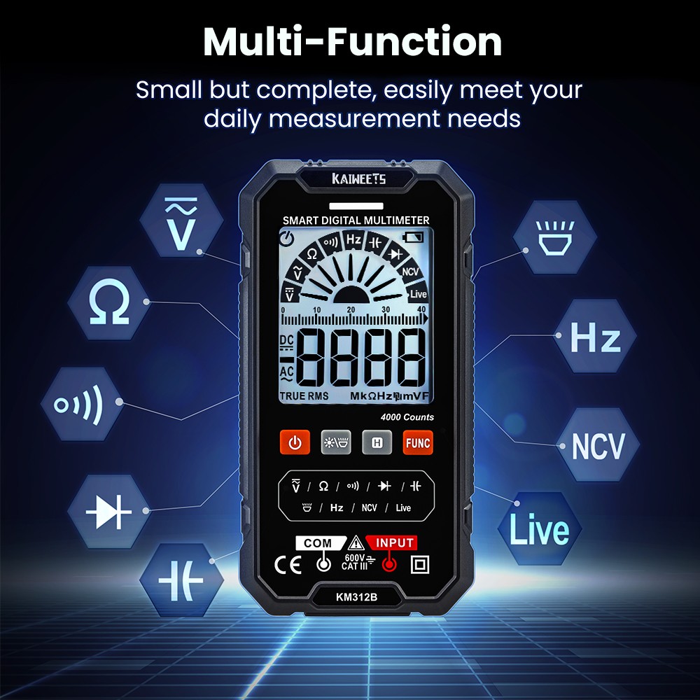 KAIWEETS KM312B Digital Multimeter 600V Capacitance Meter Ohm Hz Multimeter Tester RMS DC DC DMM