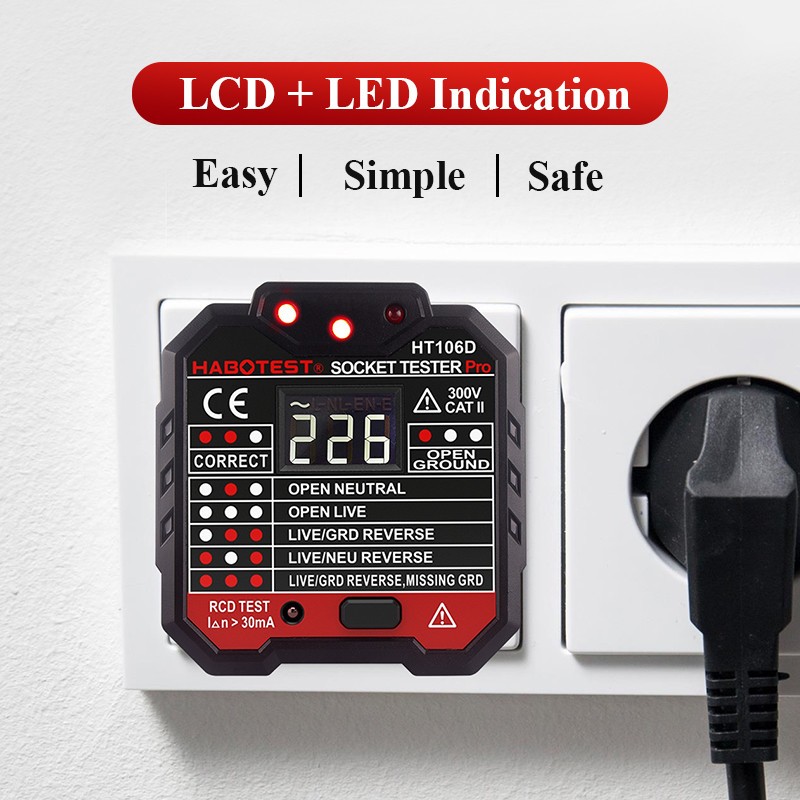 HT106 Digital Display Socket Voltage Tester Ground Line Detector Zero Polarity Socket Phase Check Advanced Plug Finder