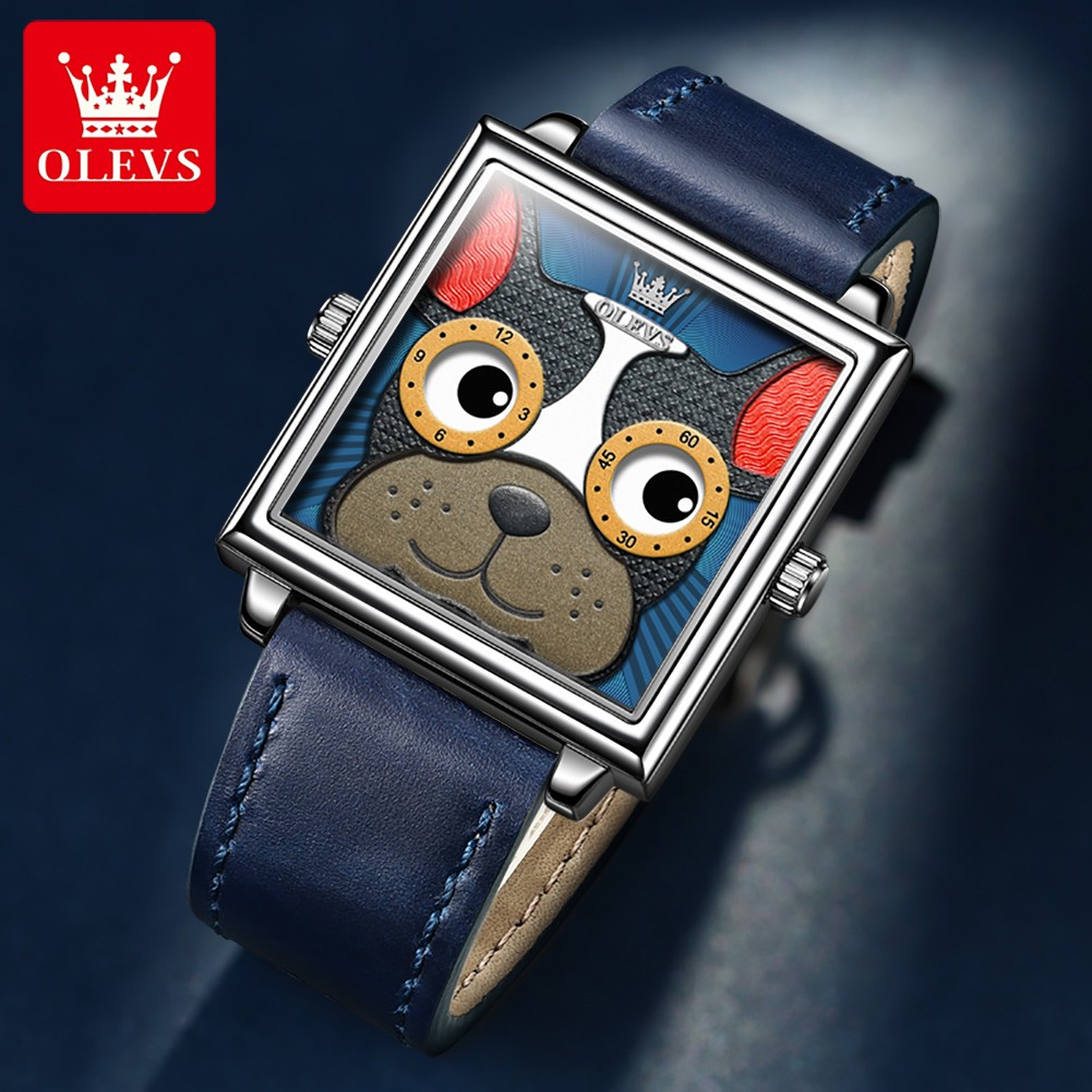 OLEVS Square Trendy Corium Strap Women Wristwatches Quartz Fashion Waterproof Watches for Women Cartoon Dog Watch