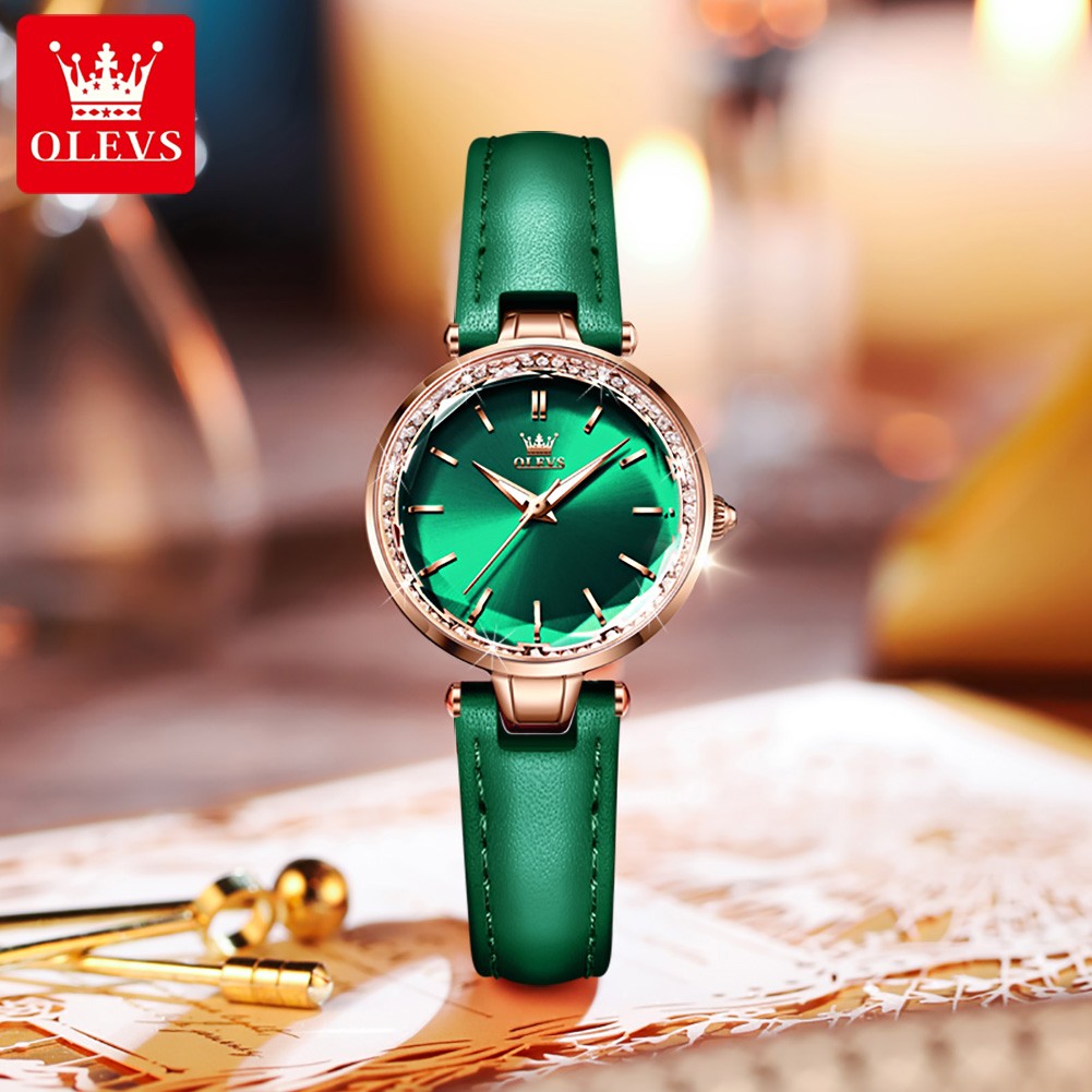 OLEVS Quartz High Quality Women's Wristwatch Waterproof Corium Strap Watches Fashion For Women Green Diamond Watch