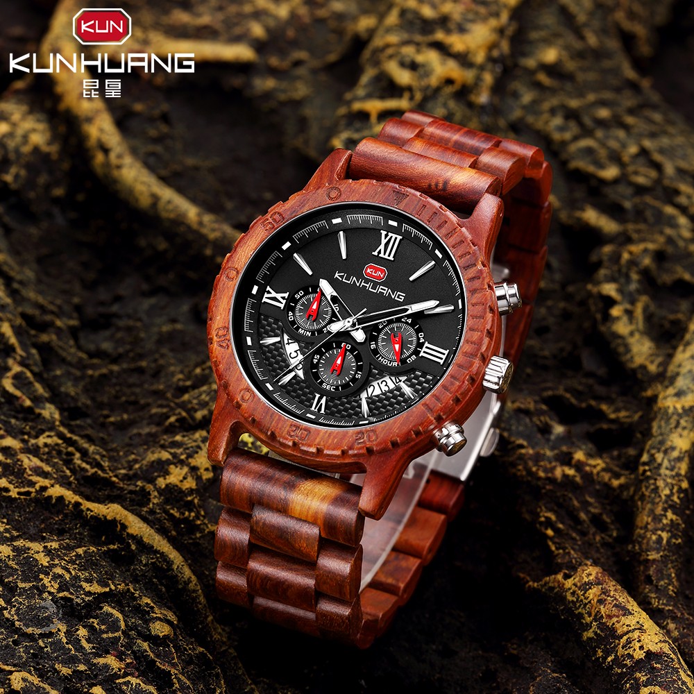 Fashion Watches Mens Top Brand Luxury Wrist Watch Quartz Watch Wooden Watch Men Red Sandalwood Chronograph Relogio Masculino