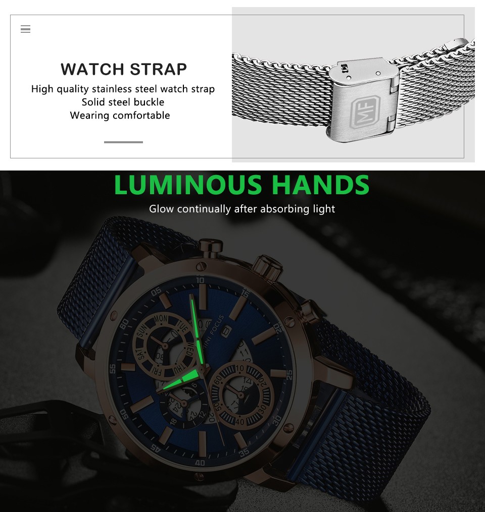 MINIFOCUS Fashion Men Sports Watches Top Sliver Deluxe Quartz Watches Men Mesh Strap Ultra-thin Waterproof Wristwatch Chronograph