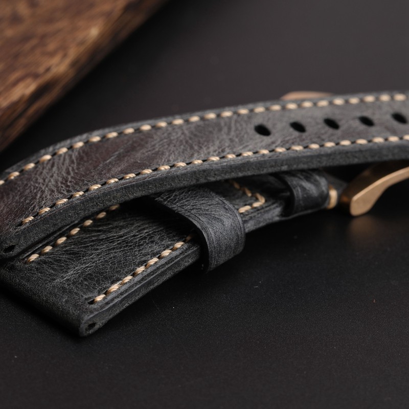 Hand Folded Smoky Gray Leather Watchband Compatible with BAM Bronze Watch Strap 20 22 24 26mm Soft Vintage Bracelet