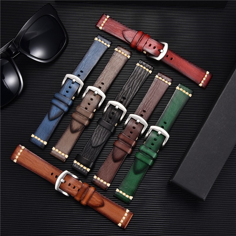 جودة عالية اليدوية جلد البقر حزام ساعة اليد خمر الرجعية حزام (استيك) ساعة أساور Wristwatchbands الأشرطة 18 مللي متر 20 مللي متر 22 مللي متر 24 مللي متر