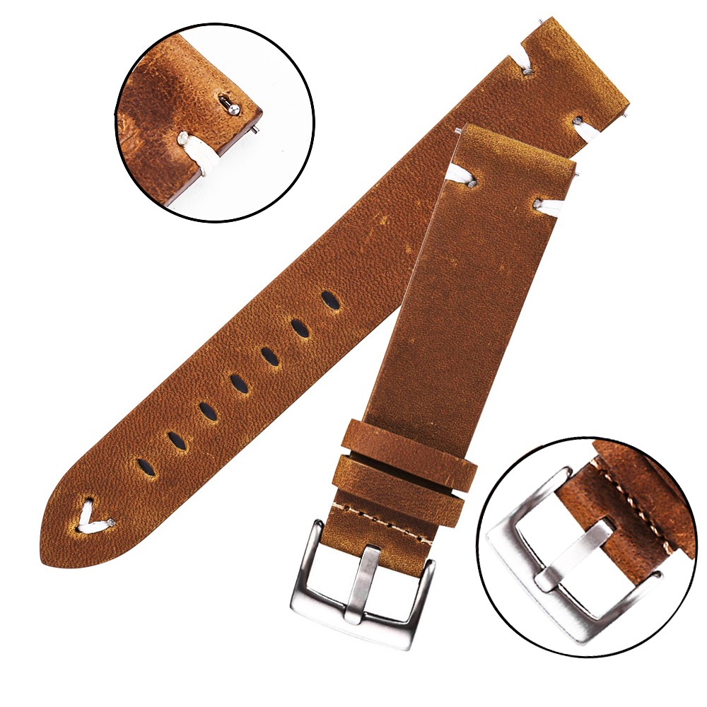 Leather Watchband Black Dark Brown Oil Wax Leather Italian Watch Strap 18mm 20mm 22mm Quick Release Handmade Cowhide Watch Strap