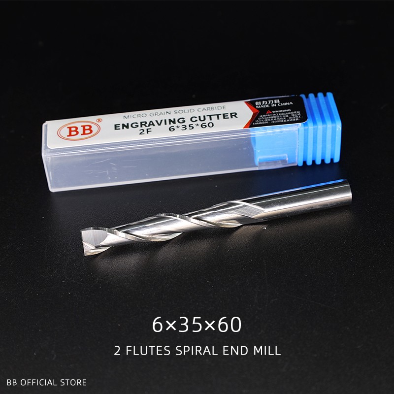 BB Engraving Cutter 2 Flutes Spiral Carbide Steel End Mill for Hard Plastic Acrylic PVC 6mm Router Bit