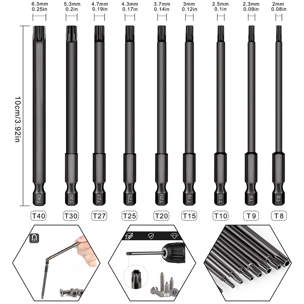 9PCS 100mm Steel Torx Hollow Screwdriver Bits Tool Set 1/4 Hex Torx Socket Set Handle Tools Electric Screw Driver Set