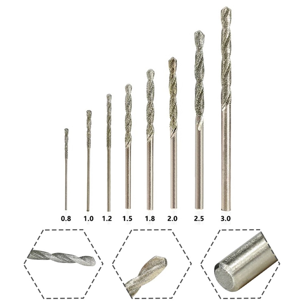 8pcs Diamond Coated Twist Drill Bit 0.8-3.0mm Gun Drill Bit For Glass Tile Stone Hole Cutter For Glass Jewelry Stone Tile