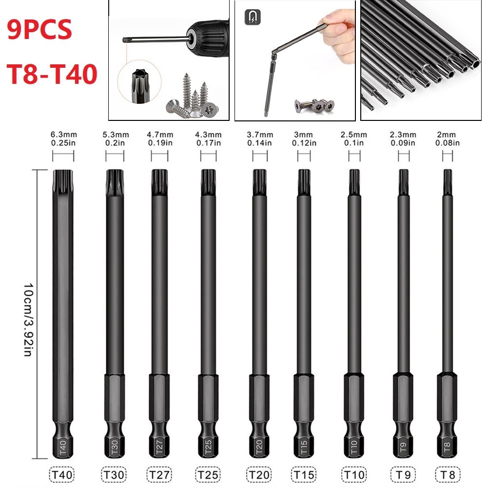 9 قطعة مفك Bit100mm T8-T40 مفك بت 1/4 ''عرافة عرقوب وجع مثقاب الخشب للكهرباء الحفر الكهربائية اليد مفك