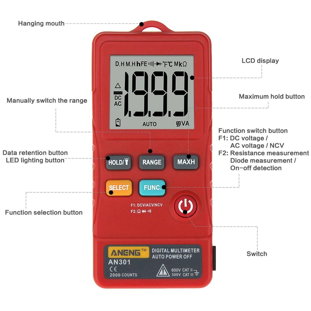 ANENG AN302 Professional Digital Multimeter 7999 Display DC/AC Voltmeter Tester Capacitance Diode NCV Ohm Resistance Hz Test