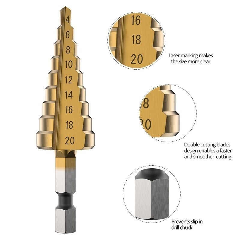 3pcs HSS Titanium Coated Step Drill Bit 4-12 4-20 4-32 Drill Power Tools Metal High Speed ​​Steel Wood Hole Cutter Cone Drill